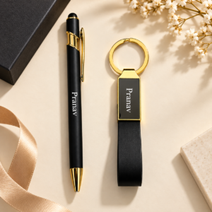 Personalized Name Engraved Pen & Keychain Combo | Custom Black & Gold Gift Set for Him | Wishcrafts